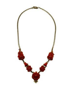 Celluloid Necklace Coral colored Flowers Gold Tone Chain Faux Pearls vintage